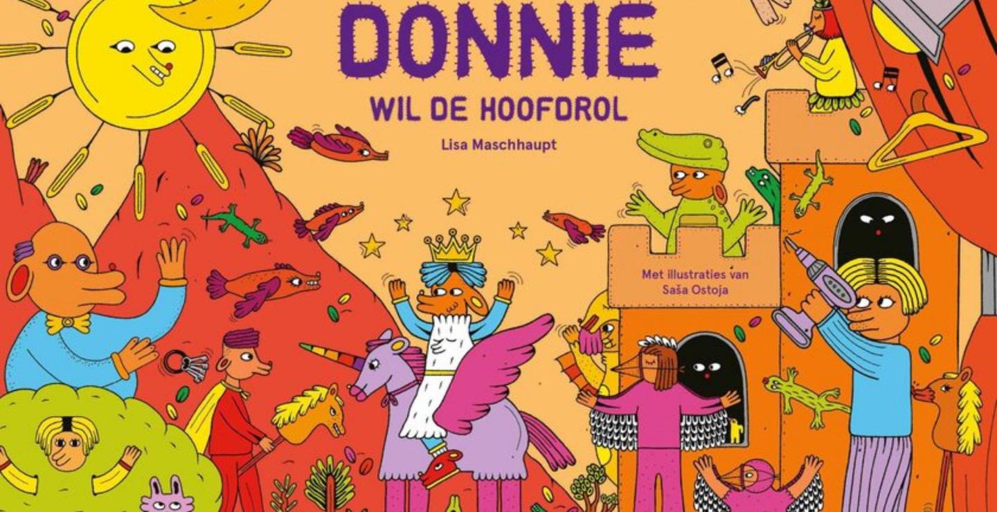 Kleurrijke boekomslagillustratie van 'Donnie wil de hoofdrol'