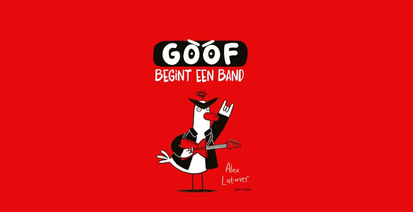 Illustratie van een pinguïnkarakter met gitaar en de tekst 'Goof begint een band'