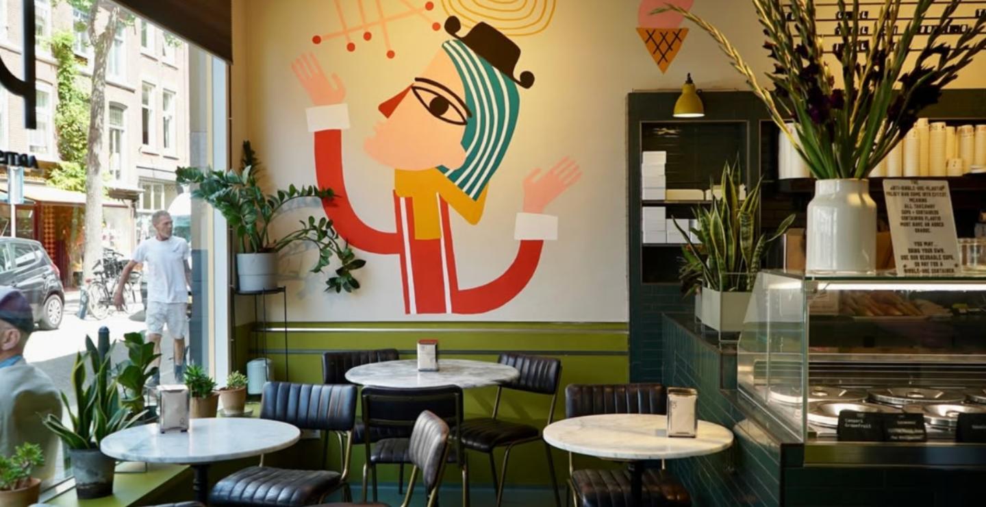 Interior with mural at Piet Artisans of Flavour in The Hague