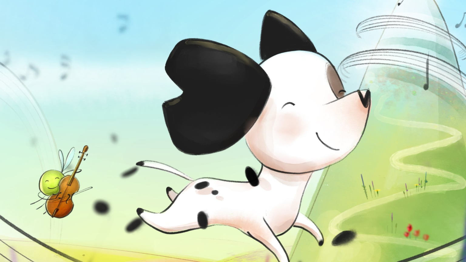 Illustratie van Muk die rennend over muzieknoten springt, gevolgd door een glimlachend insect met een viool.