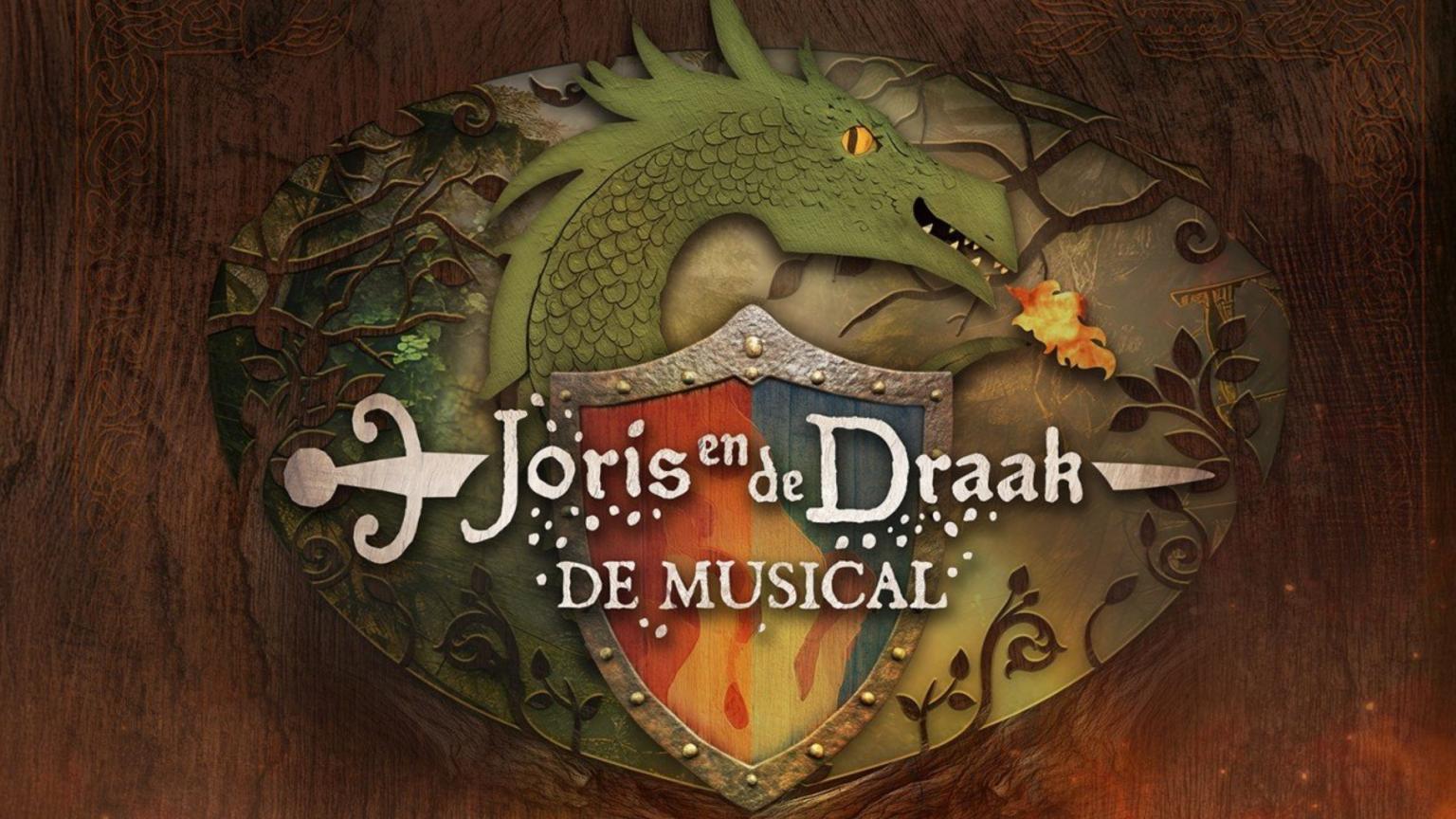 Officiële poster van Joris en de Draak – De Musical met een groene draak boven een schild en zwaard