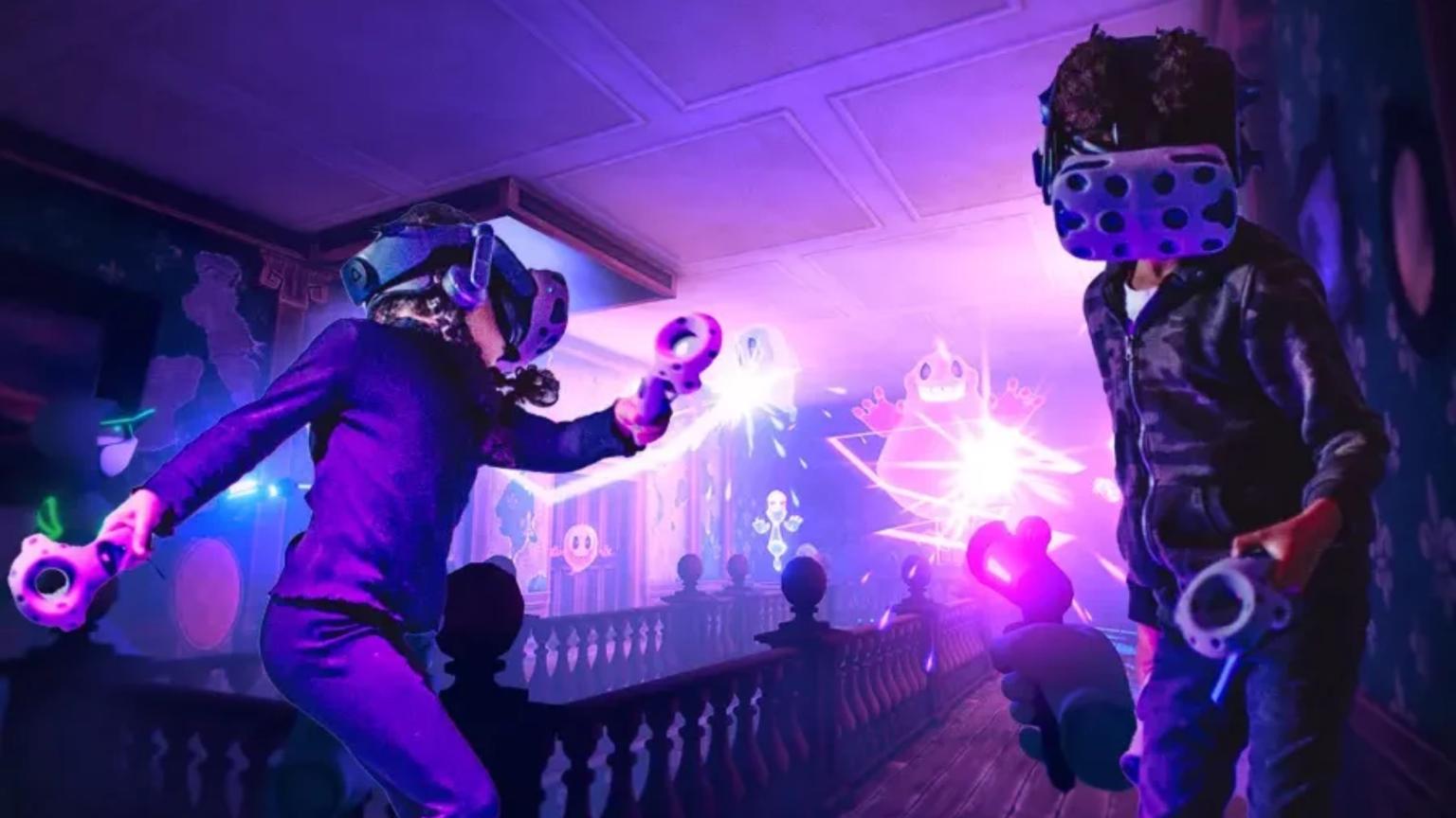 Children playing a VR game together in a free space