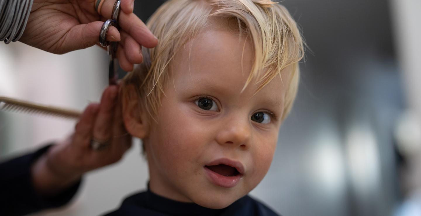 Boy sits in barber's chair and gets a haircut