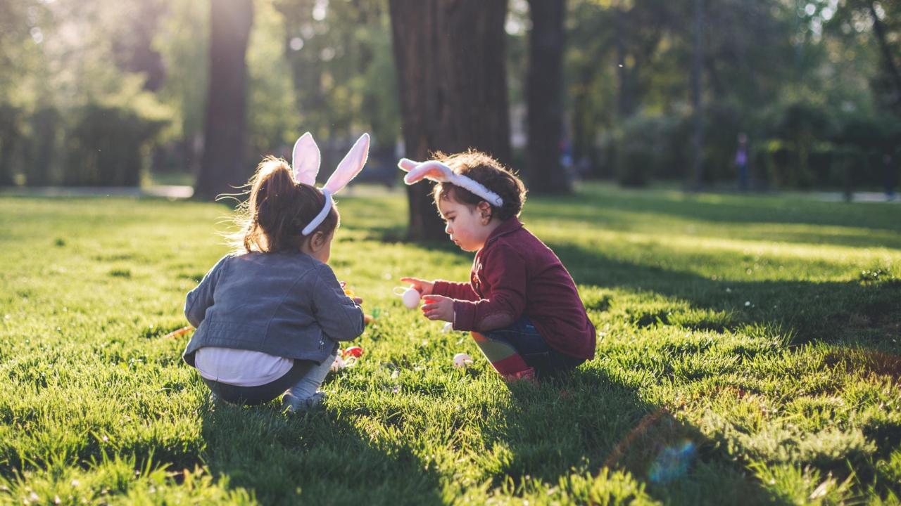 Kinderen met paasoren op zoeken eieren in het park
                