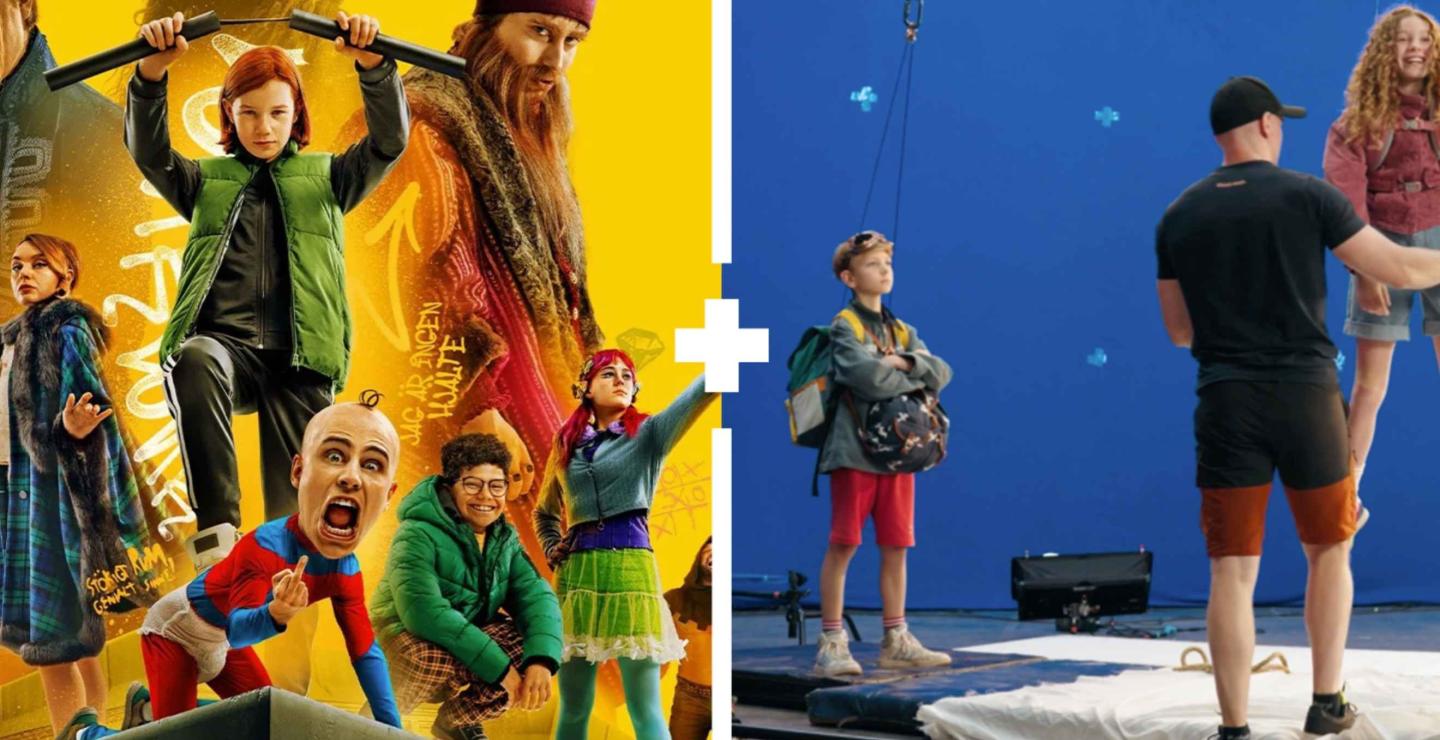 Links een filmposter met kleurrijke personages, rechts een stuntopname voor een blauw scherm, bij Villain of Villains en Stunts